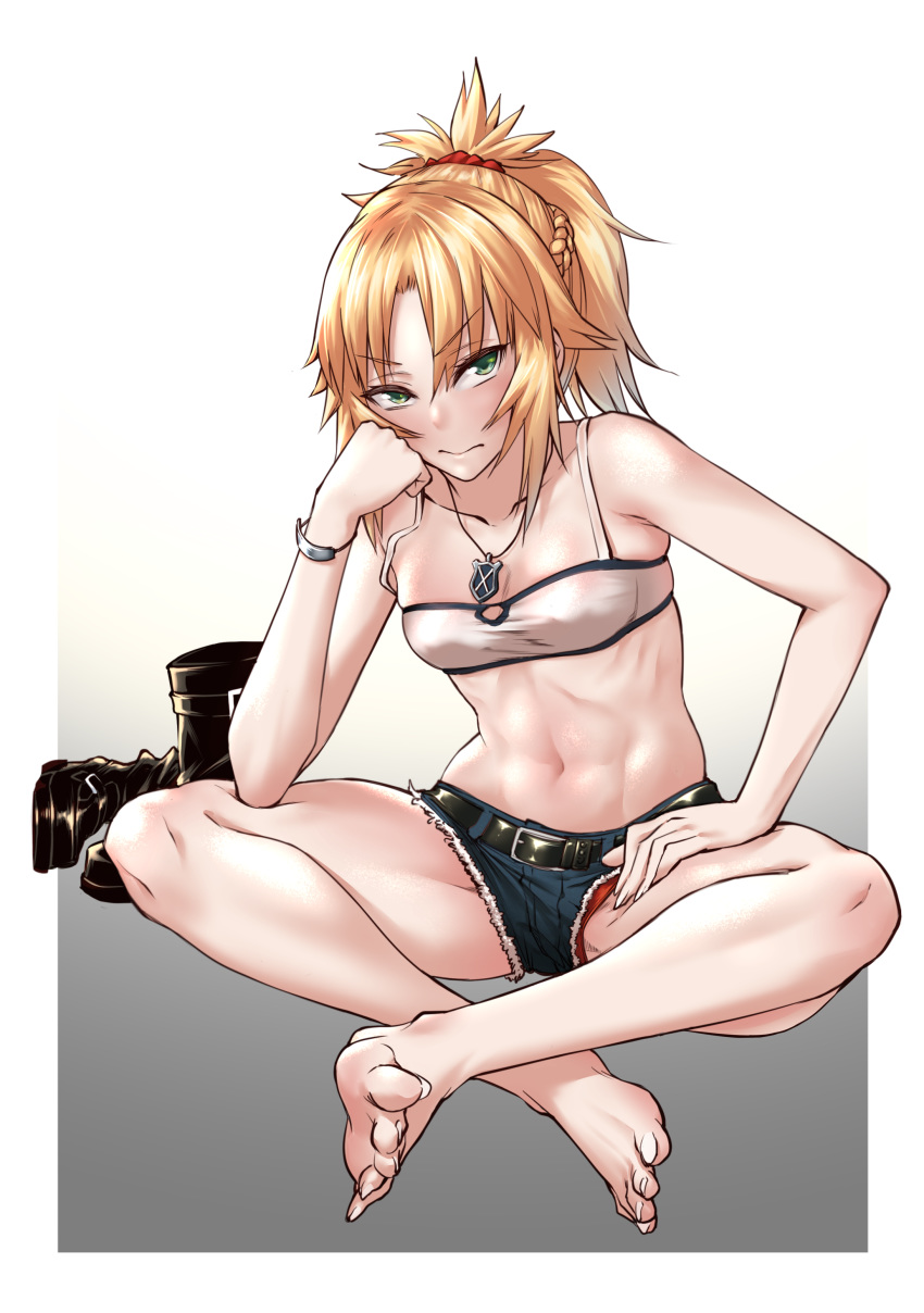 1girl absurd_res bare_shoulders barefoot blonde_hair blush boots_removed braid breasts cleavage fan_(f.w.zholic) fate/apocrypha fate_(series) feet green_eyes high_res jewelry long_hair looking_at_viewer midriff mordred_(fate) navel necklace panties ponytail red_panties sitting toes underwear