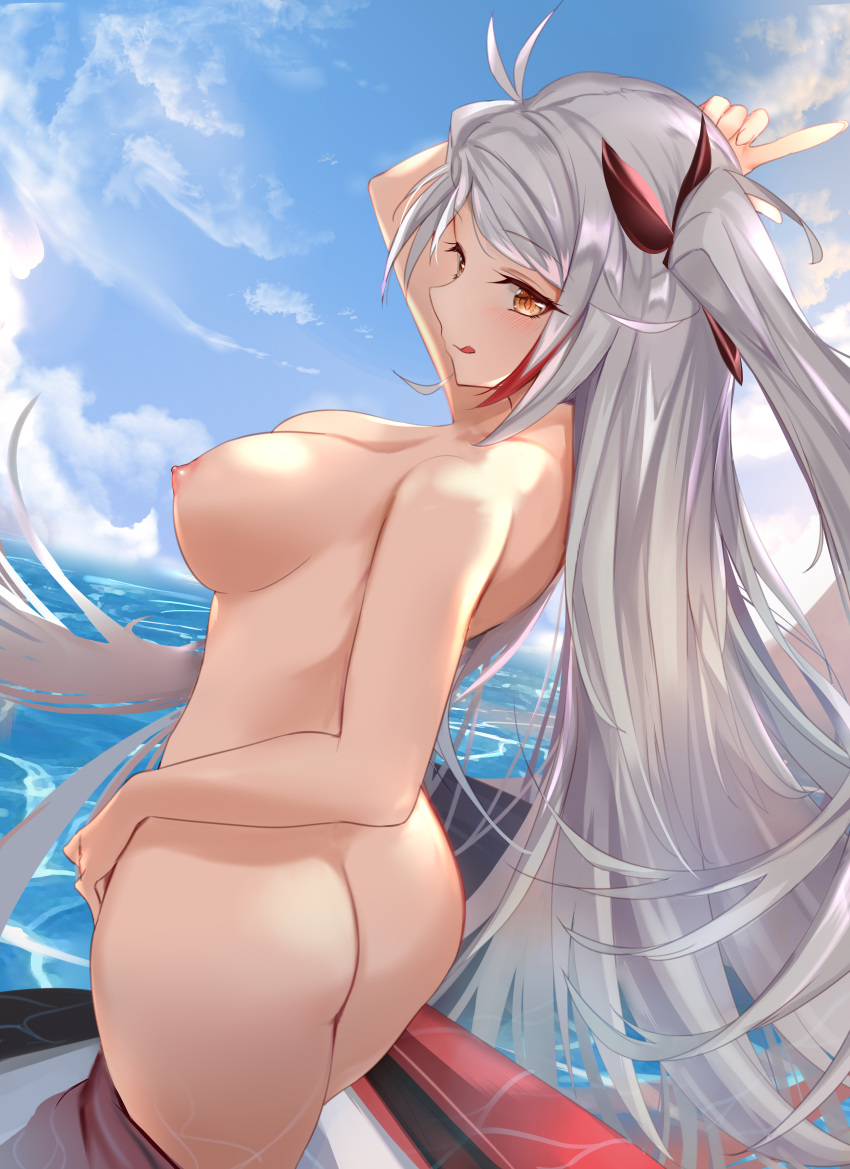 1girl :q ahoge ass azur_lane bangs bare_shoulders big_breasts blue_sky blush breasts brown_eyes clavicle cloud cloudy_sky cowboy_shot day eyebrows_visible_through_hair floating_hair from_behind hair_between_eyes hand_behind_head hand_on_hip high_resolution large_filesize long_hair looking_at_viewer looking_back mujinbi multicolored_hair nipples nude nude_female_solo ocean one_arm_up outside prinz_eugen_(azur_lane) red_hair sidelocks silver_hair sky smile standing streaked_hair swept_bangs thighs tongue tongue_out two_side_up very_high_resolution very_long_hair water