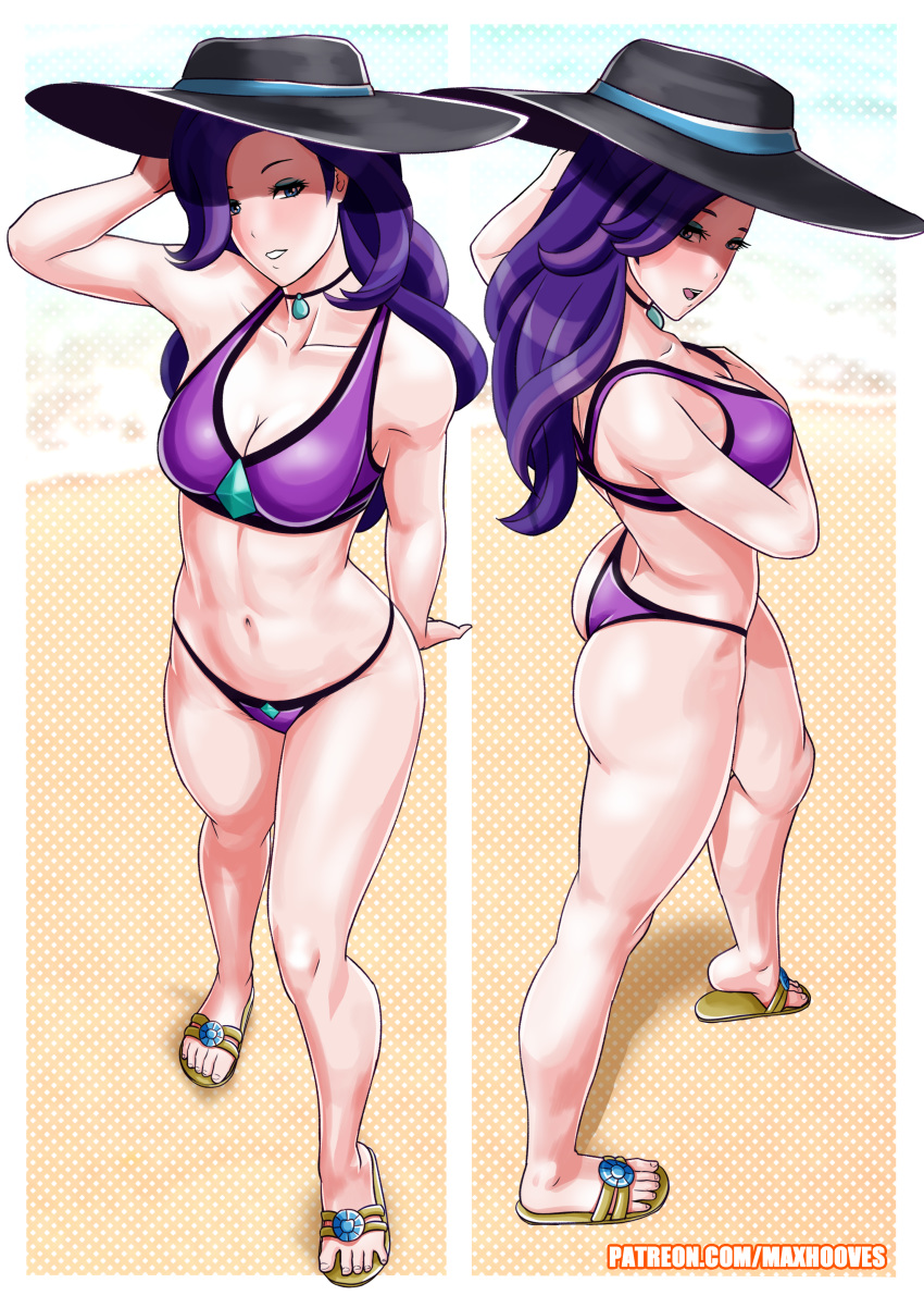 1girl ass blue_eyes breasts female female_only friendship_is_magic hat humanized long_hair looking_at_viewer mostly_nude my_little_pony purple_hair rarity rarity_(mlp) sandals solo standing sun_hat swimsuit