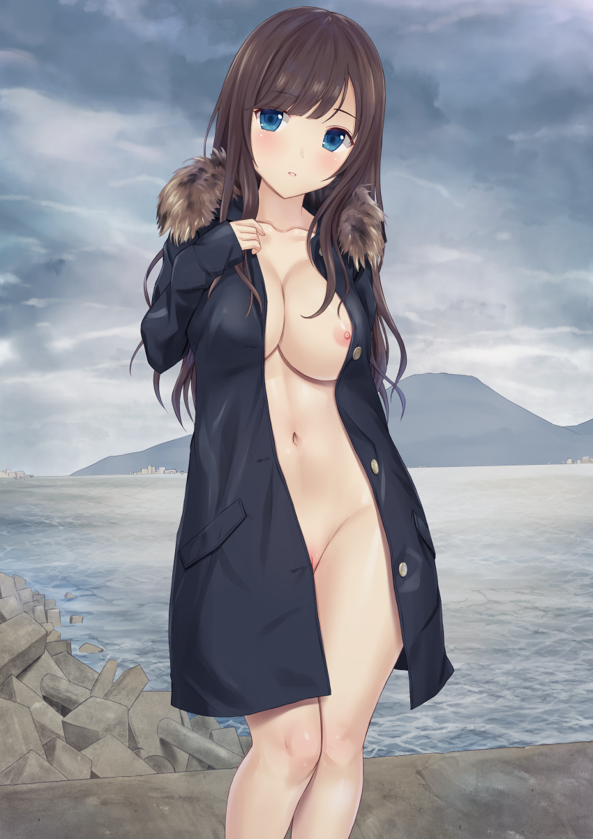1girl beach big_breasts black_hair blue_eyes closed_mouth female female_only highres long_hair looking_at_viewer n.g. no_bra no_panties no_underwear open_clothes outdoor outdoors outside parted_lips partially_nude partially_visible_vulva sky solo standing