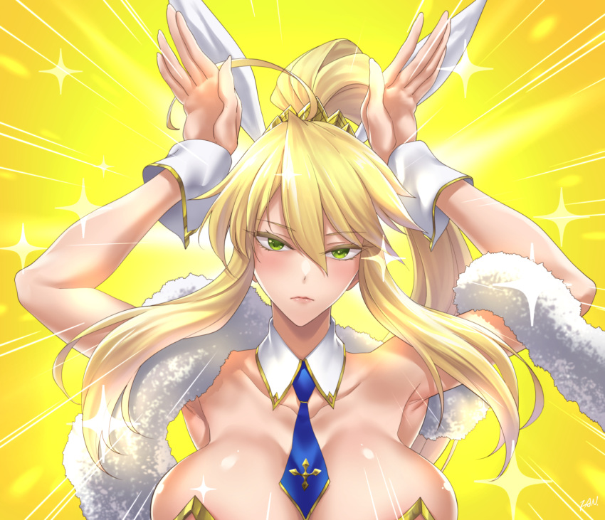 1girl ahoge animal_ears armpits artoria_pendragon artoria_pendragon_(swimsuit_ruler)_(fate) bangs bare_shoulders big_breasts blonde_hair blue_neckwear blush breasts bunny_ears bunny_pose bunnysuit clavicle cleavage closed_mouth detached_collar expressionless fan_(f.w.zholic) fate/grand_order fate_(series) feather_boa green_eyes hair_between_eyes hands_up high_resolution leotard long_hair looking_at_viewer neck_tie parody ponytail sparkle tied_hair white_leotard wrist_cuffs yellow_background
