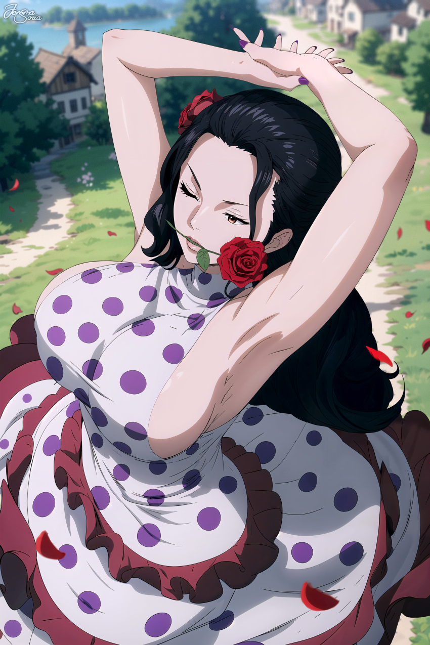 1girl 1girl ai_generated big_breasts breasts brown_hair curvaceous female_focus flower_in_hair high_res huge_breasts jemmasoria latina long_hair mature mature_female one_piece patreon patreon_paid patreon_reward solo_female tagme viola_(one_piece) voluptuous