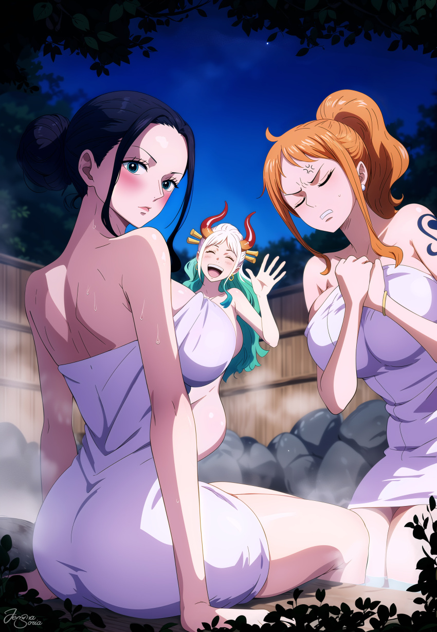 3_girls ai_generated ass big_ass big_breasts breasts english_text female_focus female_only high_res jemmasoria long_hair mature mature_female nami nico_robin patreon patreon_paid patreon_reward stable_diffusion tagme text towel yamato_(one_piece)