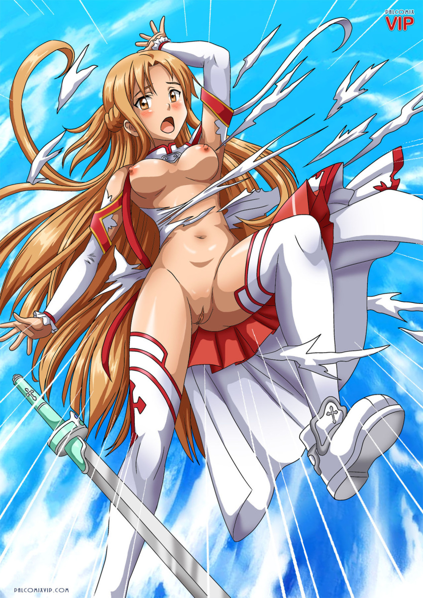 1girl asuna_(sao) big_breasts palcomix palcomix pussy sword_art_online tearing_clothes undressing