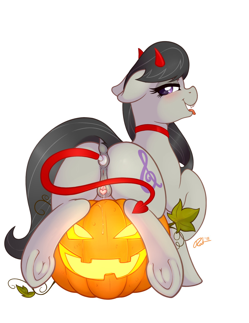 1girl anal_plug ass cutie_mark earth_pony female female_only friendship_is_magic halloween jack-o'-lantern looking_at_viewer my_little_pony nude octavia octavia_(mlp) octavia_melody pony pumpkin pussy pussy_juice pussy_juice_leaking pussy_juice_trail ratofponi solo tail tail_plug vaginal_juices white_background