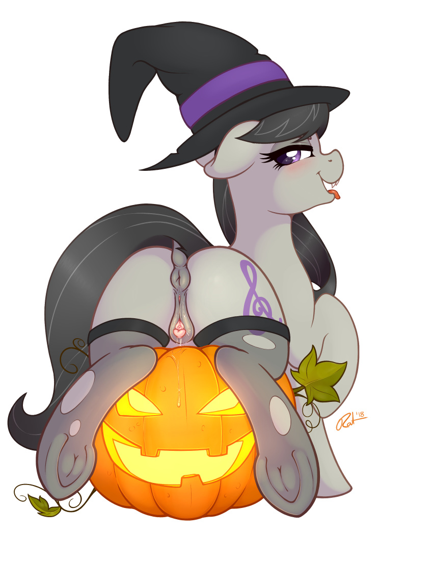 1girl ass cutie_mark earth_pony female female_only friendship_is_magic halloween hat jack-o'-lantern looking_at_viewer mostly_nude my_little_pony no_panties octavia octavia_(mlp) octavia_melody pony pumpkin pussy pussy_juice pussy_juice_leaking pussy_juice_trail ratofponi solo stockings tail vaginal_juices witch_hat