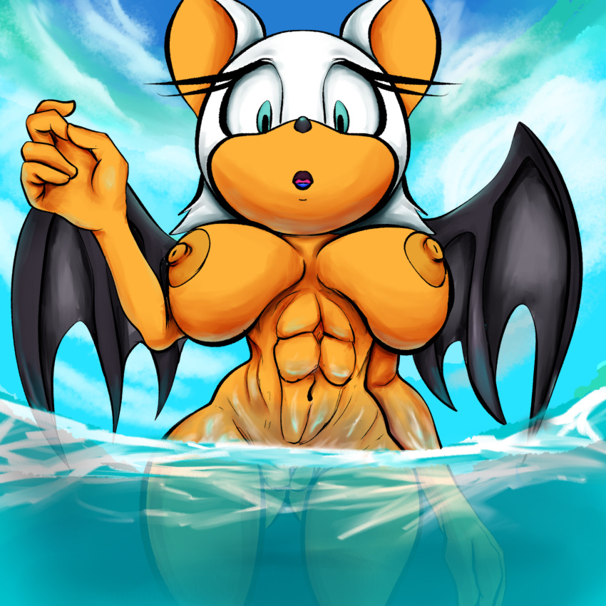 1girl 2021 bat bat_wings big_breasts blue_eyes breasts color colored colour coloured cyan_eyes female_focus female_only furry general_godzilla light_blue_eyes nipples no_bra no_panties nude nude_female ocean open_mouth outside partially_submerged partially_underwater_shot rouge_the_bat sega skinny_dipping sonic_the_hedgehog_(series) underwater water wings