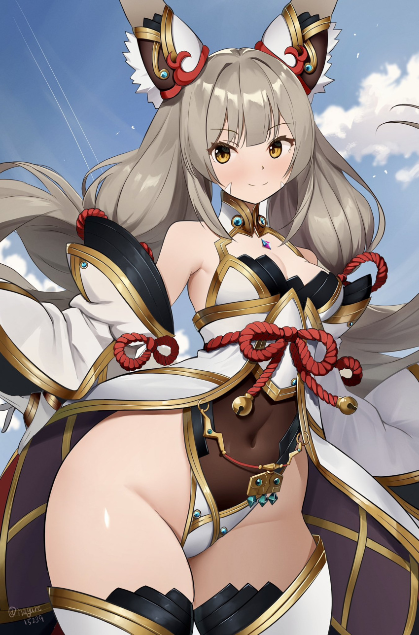 1girl 1girl alluring animal_ear_fluff animal_ears bare_shoulders bell blush brown_hair chest_jewel cleavage cloud commentary_request commission detached_sleeves facial_mark grey_hair high_res highleg highleg_leotard leotard long_hair looking_at_viewer low_twintails nagare_(flow) navel nia nia_(blade)_(xenoblade) nia_(xenoblade) skeb_commission sky small_breasts thighs twin_tails very_long_hair white_sleeves xenoblade_(series) xenoblade_chronicles_2