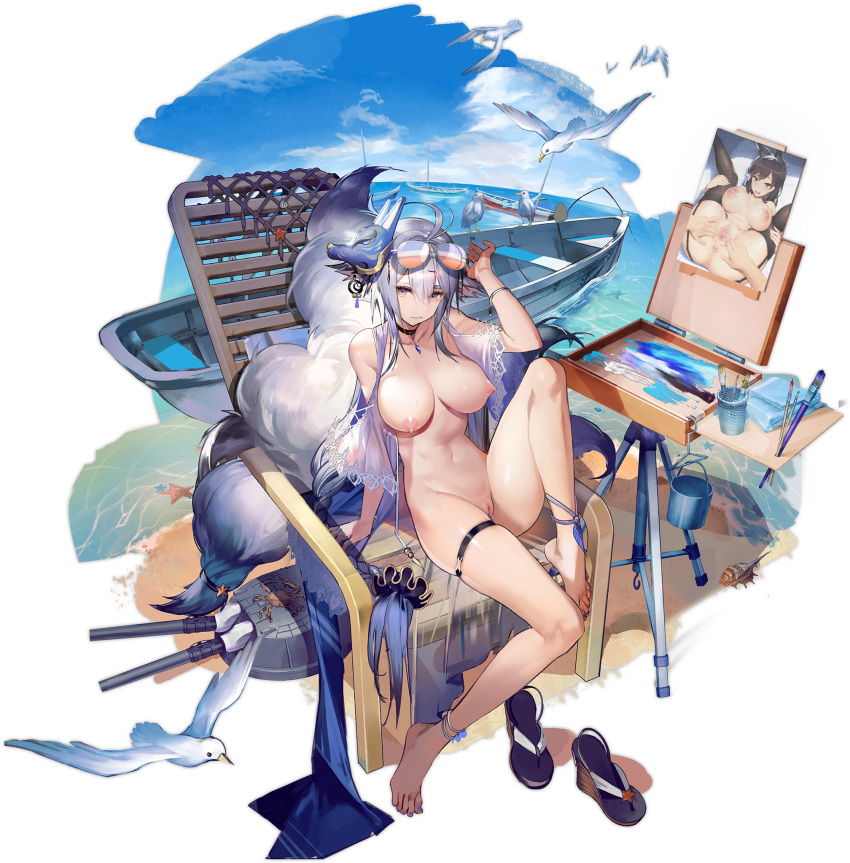 1girl ahoge atago_(azur_lane) azur_lane bare_shoulders barefoot beach big_breasts black_choker boat braid breasts bucket cameo canvas_(object) chair choker clavicle eyewear_on_head feet female footwear_removed fox_mask fox_tail high_resolution knee_up liduke long_hair looking_at_viewer mask mask_on_head nail_polish navel nipples nude_filter paint pussy sand sandals silver_hair sitting skindentation stomach sunglasses tail thigh_strap thighs third-party_edit tied_hair tosa_(azur_lane) tosa_(hometown_zest)_(azur_lane) transparent_background turret uncensored very_long_hair viewed_from_above watercraft