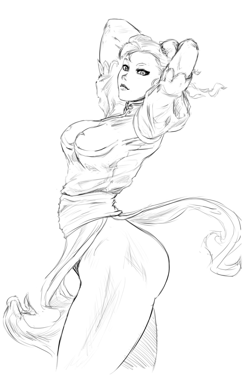 1girl arms_up ass capcom chinese_clothes chun-li cutesexyrobutts looking_at_viewer monochrome short_hair sketch standing street_fighter thighs