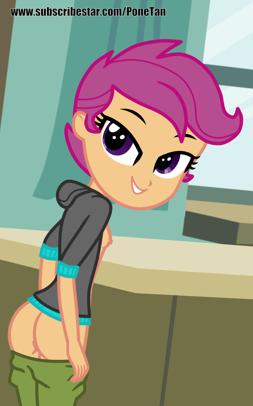 equestria_girls my_little_pony no_panties ponetan pulling_pants_down scootaloo small_breasts smiling unzipped_sweater_jacket