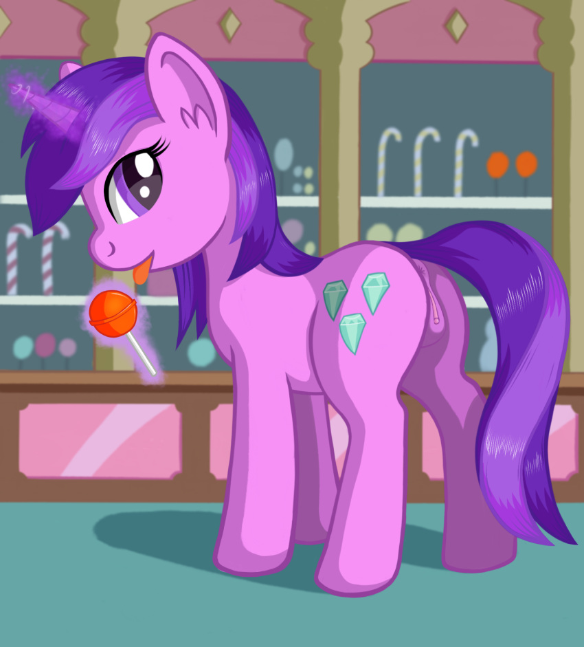 1girl amethyst_star amethyst_star_(mlp) ass cutie_mark female female_only female_unicorn friendship_is_magic horn indoors lollipop looking_at_viewer my_little_pony negasun nude open_mouth pony pussy standing tail tongue_out unicorn