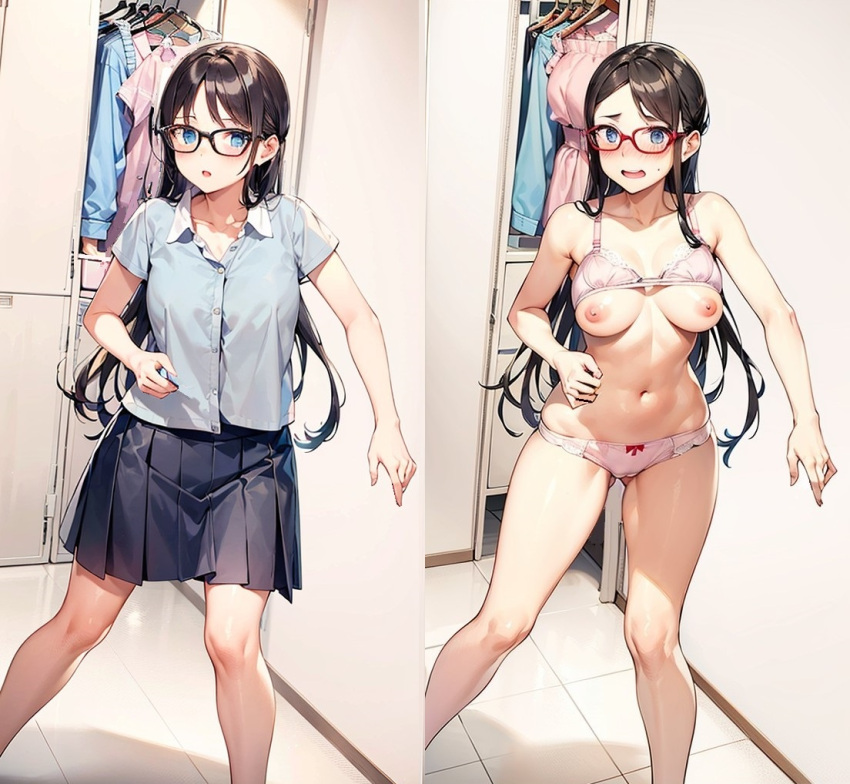 1girl ai_generated blush bra bra_lift breasts bullying embarrassed embarrassed_underwear_female euf forced_exposure forced_nudity glasses glj-enf humiliation locker_room nipples panties public_exposure public_humiliation public_indecency public_nudity shocked stripping surprised teasing undressing undressing_another yuri