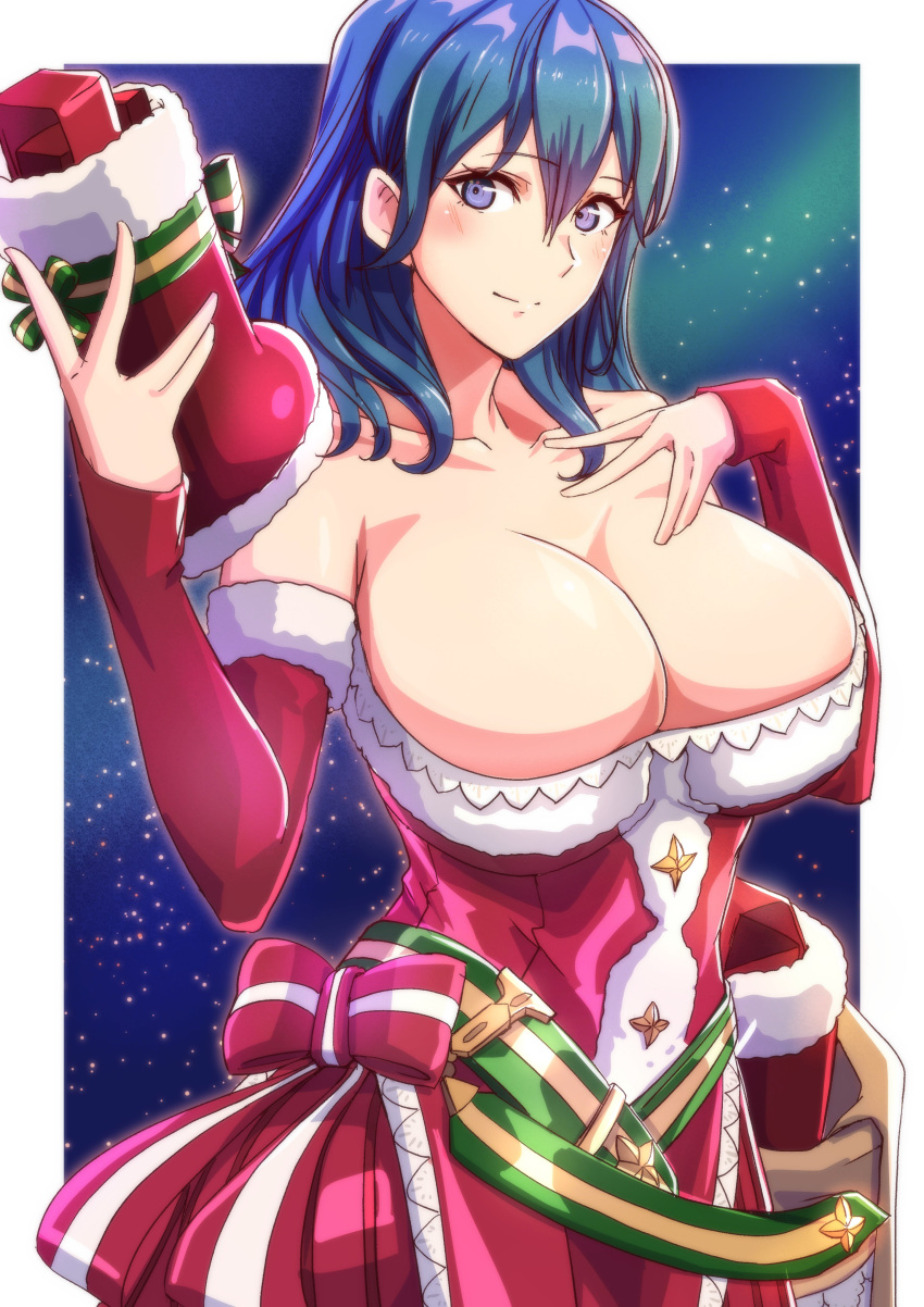 1girl absurd_res alternate_costume bare_shoulders big_breasts blue_eyes breasts byleth_(fire_emblem) byleth_(fire_emblem)_(female) christmas christmas_ornaments christmas_outfit christmas_present christmas_star christmas_stocking cleavage closed_mouth dress elbow_gloves female_only fire_emblem fire_emblem:_three_houses fire_emblem_heroes fur-trimmed_dress fur_trim gift gloves hair_between_eyes hand_on_own_chest high_res holding long_hair looking_at_viewer mature_female medium_hair nintendo red_dress red_gloves santa_dress simple_background sky smile star_(sky) starry_sky teal_hair to_(tototo_tk)
