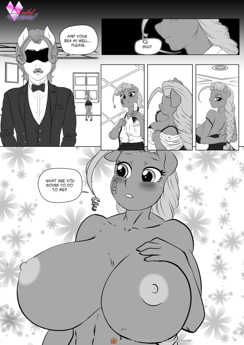 00284_(character) 1girl 2019 anthro areola big_breasts blush breasts clothing comic dialogue english_text equid equine fan_character fancypants_(mlp) friendship_is_magic furry hasbro high_res horse huge_breasts lustful_diamond_(mlp_comic) male mammal monochrome my_little_pony nipples pia-sama pony tattoo text undressing