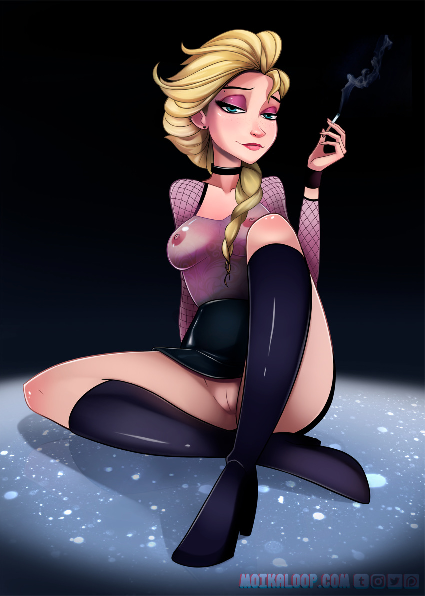 1girl black_skirt blonde blonde_hair boots braid braided_hair breasts choker elsa elsa_(frozen) female female_human frozen_(movie) hairless_pussy half-closed_eyes heeled_boots human looking_at_viewer moikaloop no_bra no_panties partially_clothed pussy see-through see-through_clothes single_braid sitting skirt smoking solo transparent transparent_clothing upskirt