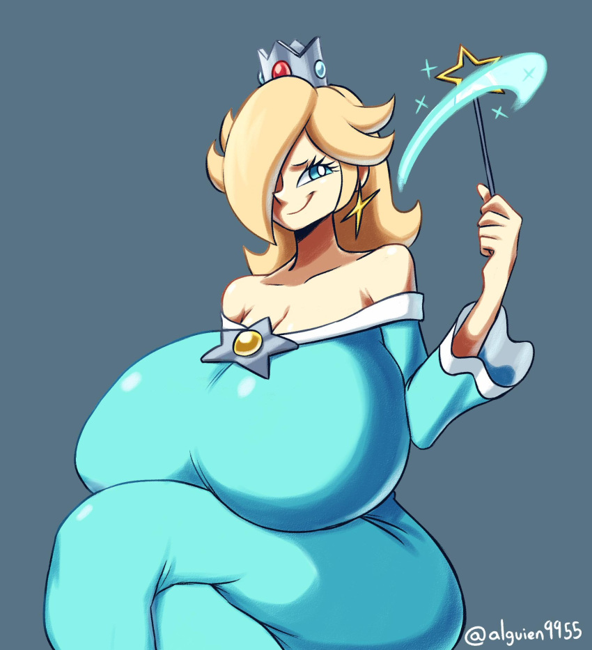 1girl bare_shoulders blonde_hair blue_dress blue_eyes breasts cleavage crossed_legs crown dress earrings gigantic_breasts hair_over_one_eye jewelry magic princess_rosalina rosalina sitting smile super_mario_bros. super_mario_galaxy thick_thighs thighs wand