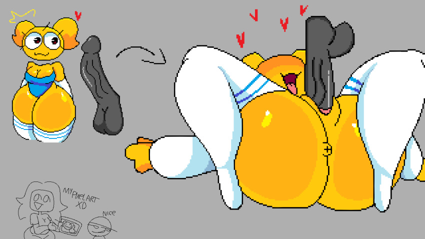 &lt;3 1boy 1boy1girl 1girl :3 anon anonymous big_ass big_penis breasts emoji grey_background jp20414(artist) jp20414(oc) katy_(jjoyplus) mask owo penis_in_pussy pixel_art sex thick thick_thighs thighs xd yellow_skin