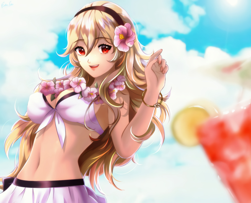1girl alluring alternate_costume bare_shoulders big_breasts bikini blurry blush bracelet breasts brown_hair corrin_(fire_emblem) corrin_(fire_emblem)_(female) esther_shen fire_emblem fire_emblem_awakening fire_emblem_fates fire_emblem_heroes flower hair_between_eyes hair_flower hair_ornament hairband jewelry large_breasts long_hair looking_at_viewer medium_breasts navel nintendo official_alternate_costume open_mouth red_eyes shiny shiny_hair solo swimsuit upper_body