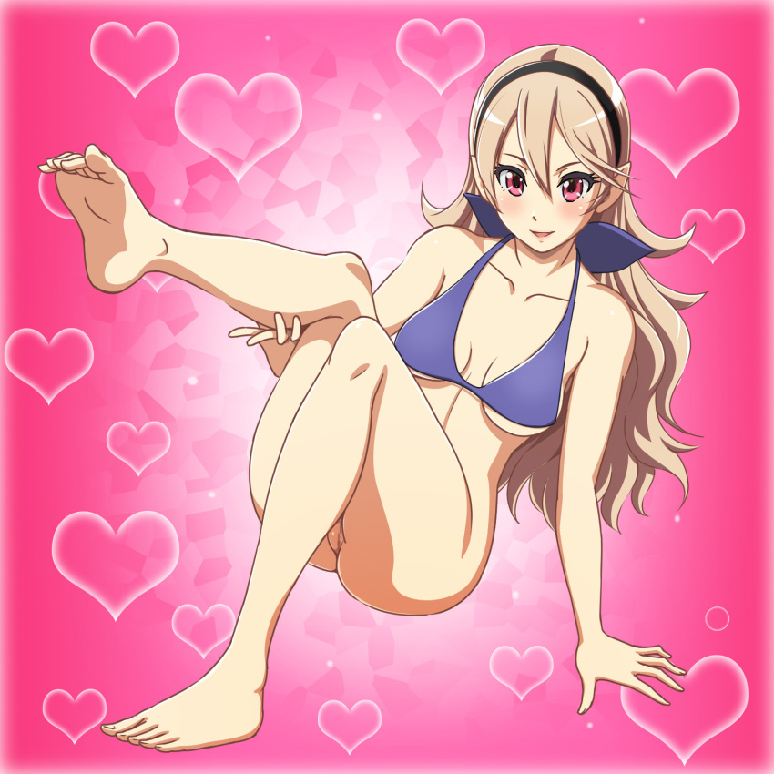 1girl alluring ass bare_arms bare_legs bare_shoulders barefoot bikini black_panties blonde_hair blue_bikini blush breasts cleavage collarbone corrin_(fire_emblem) corrin_(fire_emblem)_(female) feet fire_emblem fire_emblem_fates hairband heart high_res leg_lift legs long_hair looking_at_viewer naked_from_the_waist_down nintendo panties parted_lips partially_visible_vulva pussy red_eyes simple_background sitting smile swimsuit thighs toes underwear yuki_(12cut)