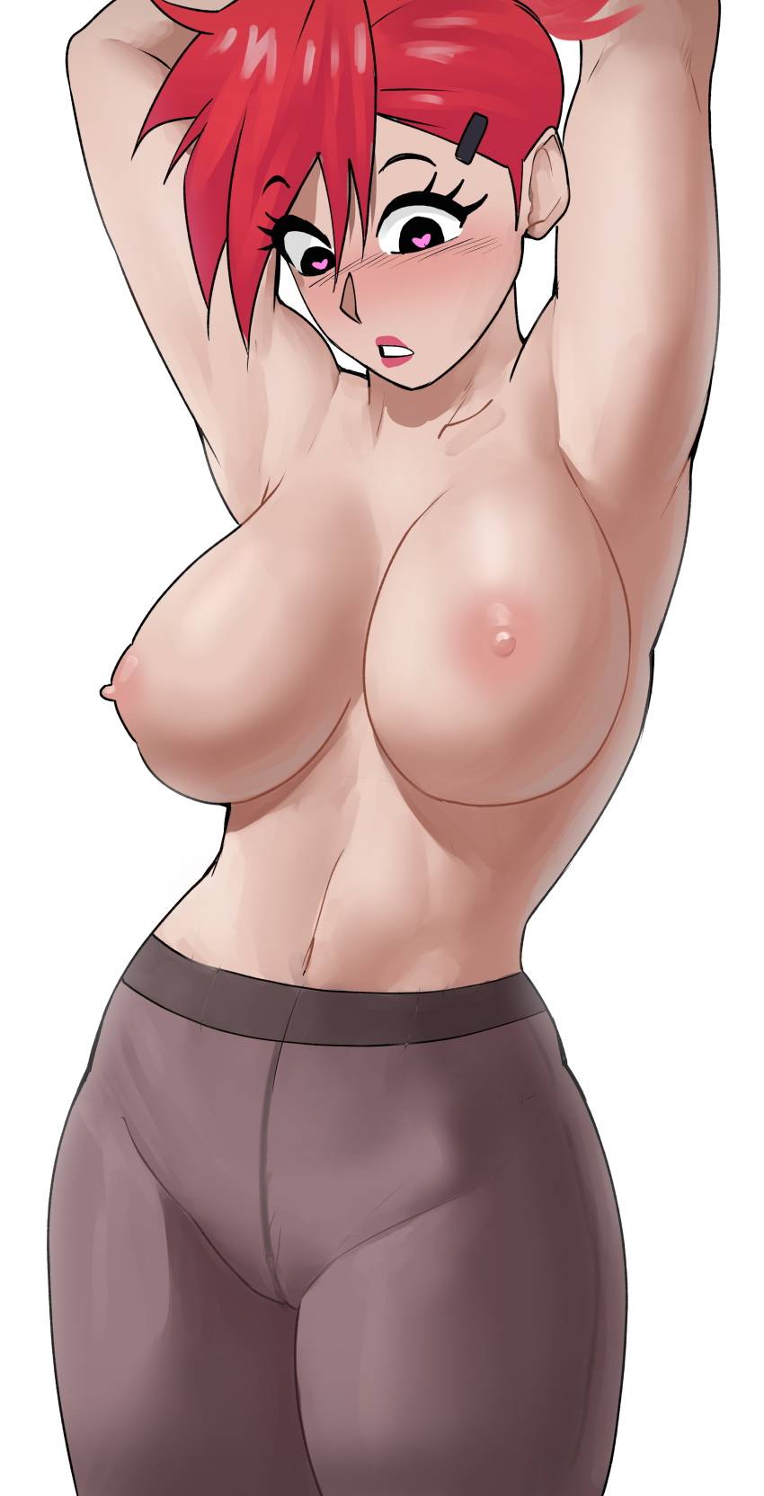 1girl 1girl areola armpits arms_up big_breasts black_eyes black_legwear black_pantyhose blush breasts cartoon_network clothing echo_saber erect_nipples eyelashes foster's_home_for_imaginary_friends frankie_foster hair_ornament hairclip heart heart-shaped_pupils high_resolution legwear long_eyelashes long_hair looking_back nipples open_mouth paipan pantyhose pink_areolae pink_nipples ponytail puffy_areolae red_hair red_lips simple_background slender_waist standing symbol-shaped_pupils thick_thighs thighs tied_hair topless very_high_resolution white_background