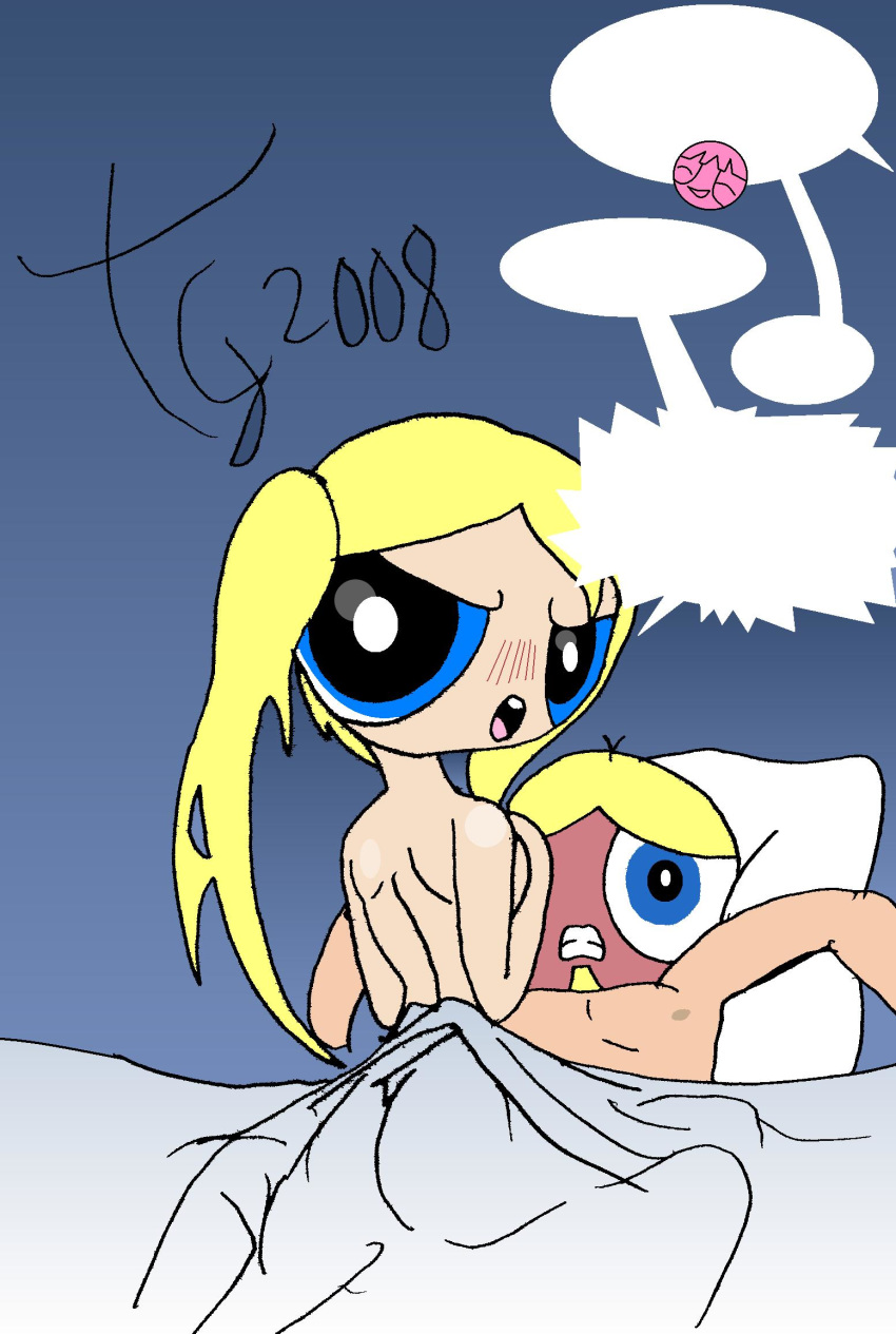 aged_up ambiguous_penetration angry blonde_hair blue_eyes boomer_(ppg) bubbles_(ppg) girl_on_top goatee looking_at_viewer powerpuff_girls rowdyruff_boys sex toongrowner twintails