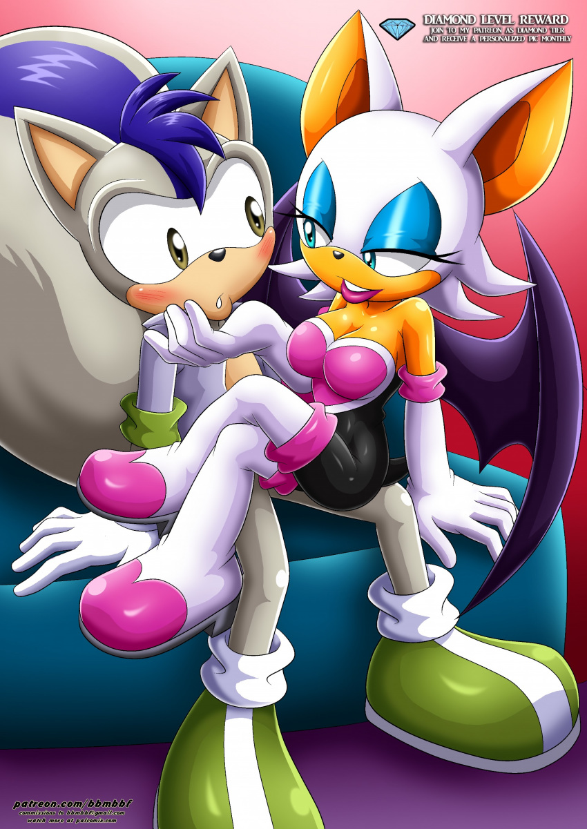 1boy 1girl bbmbbf blush cleavage clothed confused grin marquis_the_squirrel mobius_unleashed original_character palcomix pietro's_secret_club rouge_the_bat seduction sega sonic_(series) sonic_the_hedgehog_(series)