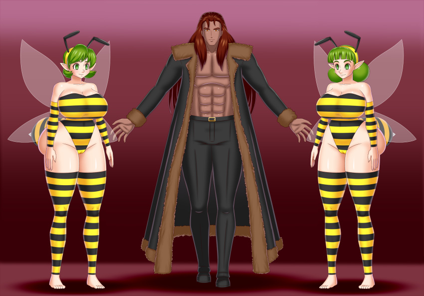 antenna bee_girl bee_stinger bee_suit bluebullpen breasts cameltoe cleavage empty_eyes fado female green_eyes green_hair happy_trance henry_d._damien male mind_control ocarina_of_time original original_character saria smile stinger the_legend_of_zelda wings