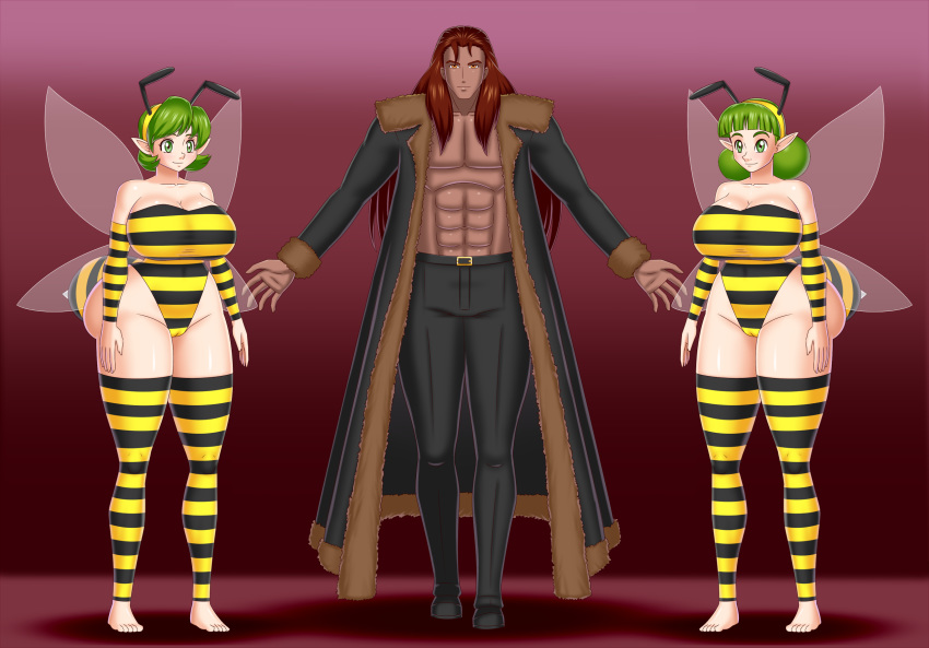 antenna bee_girl bee_stinger bee_suit bluebullpen breasts cameltoe cleavage fado female green_eyes green_hair henry_d._damien male ocarina_of_time original original_character saria smile stinger the_legend_of_zelda wings