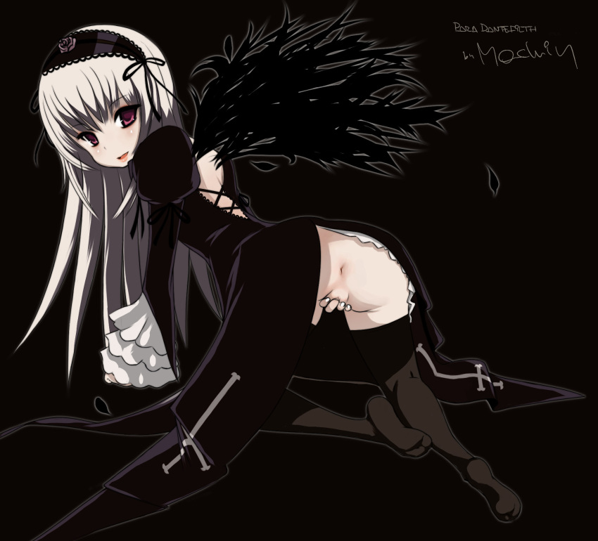1girl all_fours anus ass bent_over black_wings eyes fingering flower footwear from_behind gothic highres looking_back madkaiser masturbation pale_skin presenting purple_eyes pussy red red_eyes rose rozen_maiden silver_hair simple_background smile socks solo suigintou thighhighs white_hair wings