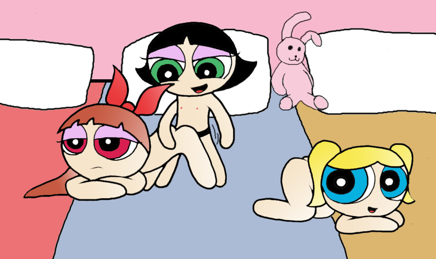 3_girls black_hair blonde_hair blossom_(ppg) blue_eyes bob_cut bubbles_(ppg) buttercup_(ppg) cartoon_network green_eyes incest multiple_girls powerpuff_girls red_eyes red_hair siblings sisters tied_hair twin_tails yuri