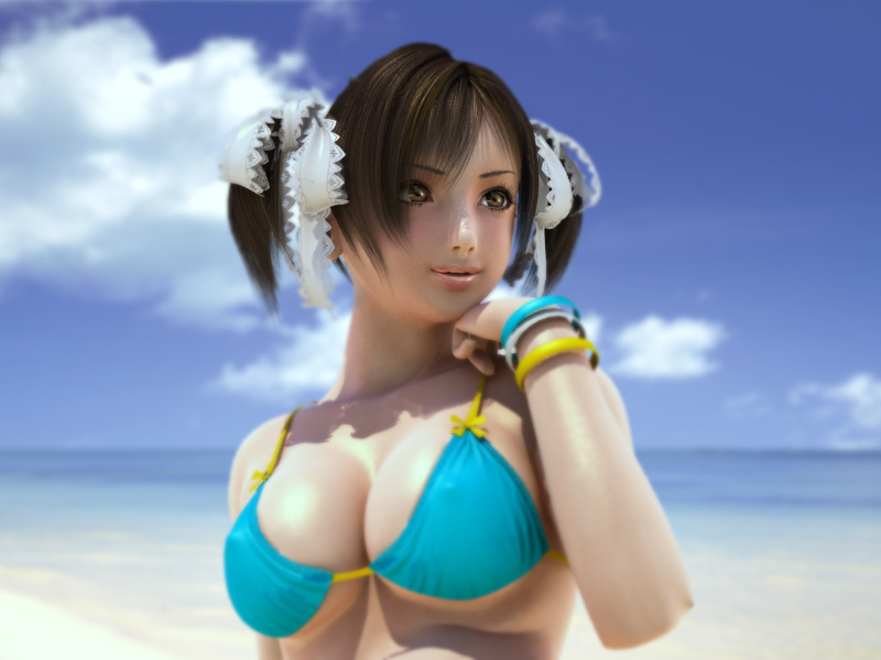 Xbooru 3d Beach Bikini Top Bracelet Breasts Brown Eyes