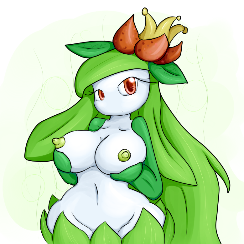 female_pokemon green_hair lilligant long_hair looking_at_viewer mostly_nude...