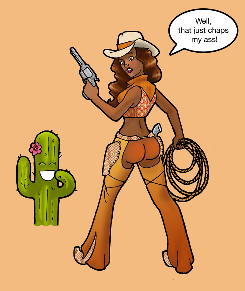 blush bottomless brown_hair chaps cowgirl embarrassing gun hat lipstick lon...