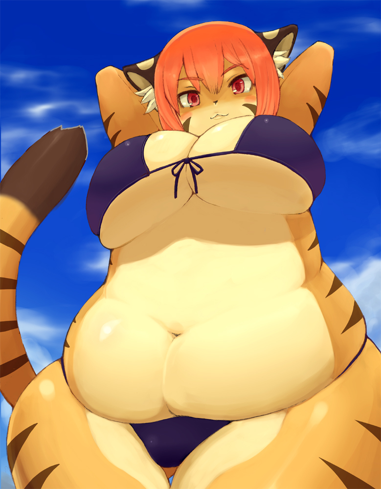 1girl :3 animal_ears anthro arms_behind_head arms_up bbw belly big_breasts ...