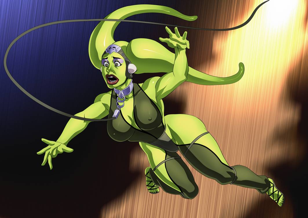 1girl alien breasts dancer_outfit female female_alien female_only green_ski...
