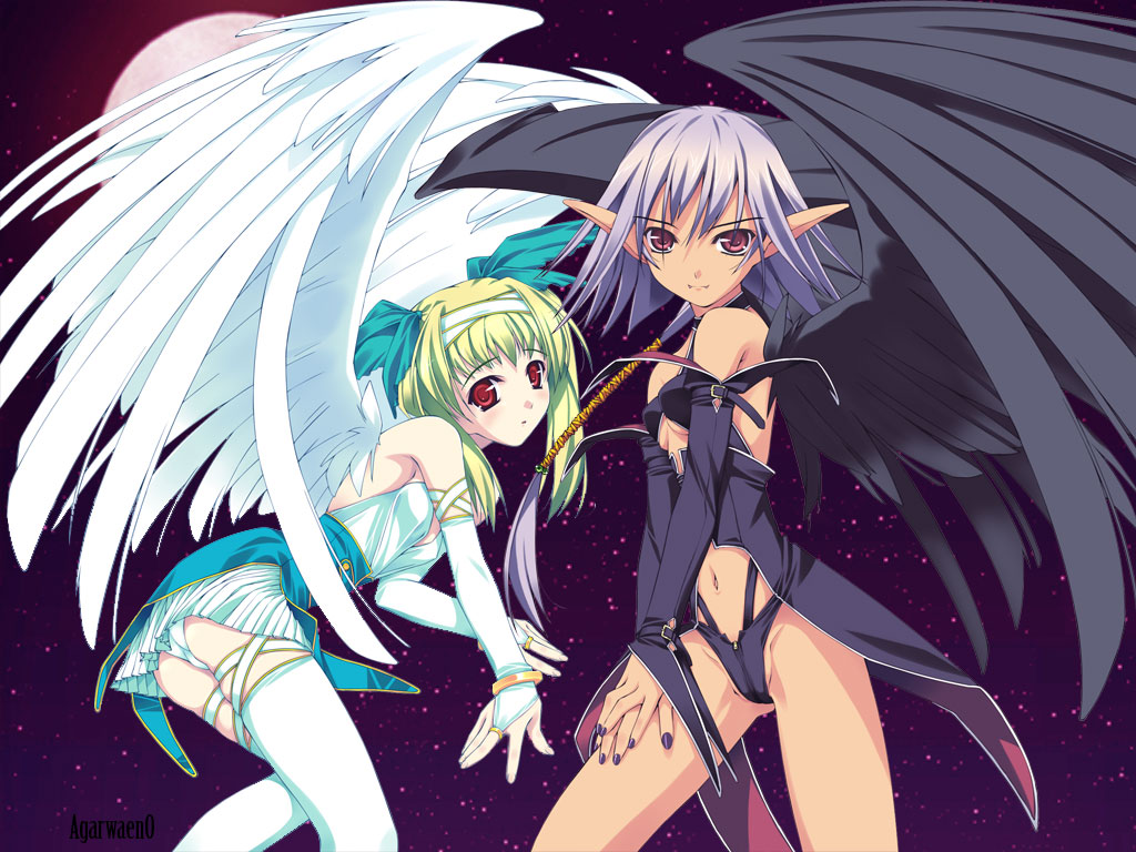 2girls angel black_wings blonde_hair couple elf green_hair headband hentai ...