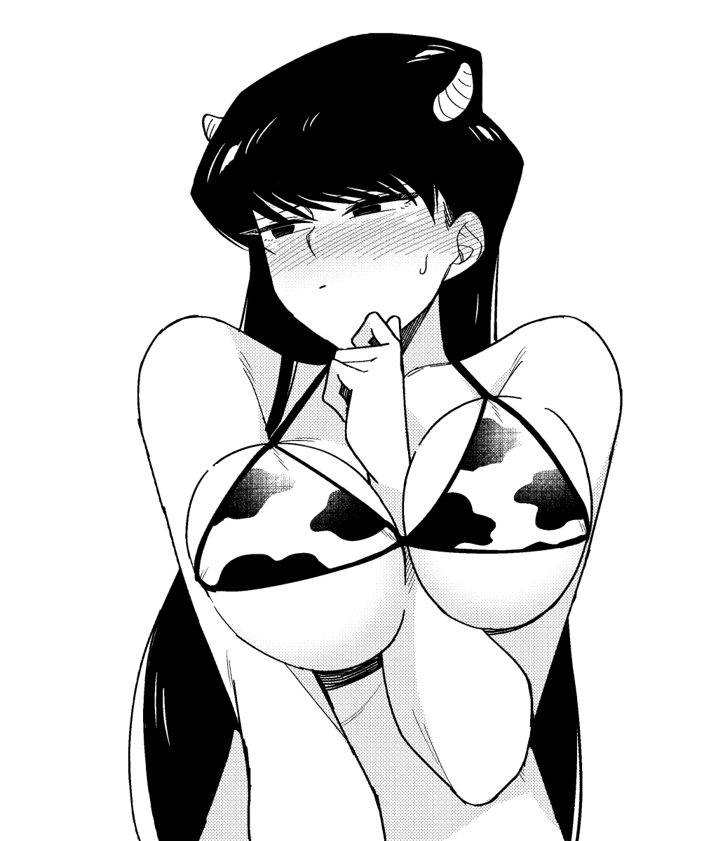 1girl 1girl big_breasts black_hair blush breasts cow_print embarrassed horn...