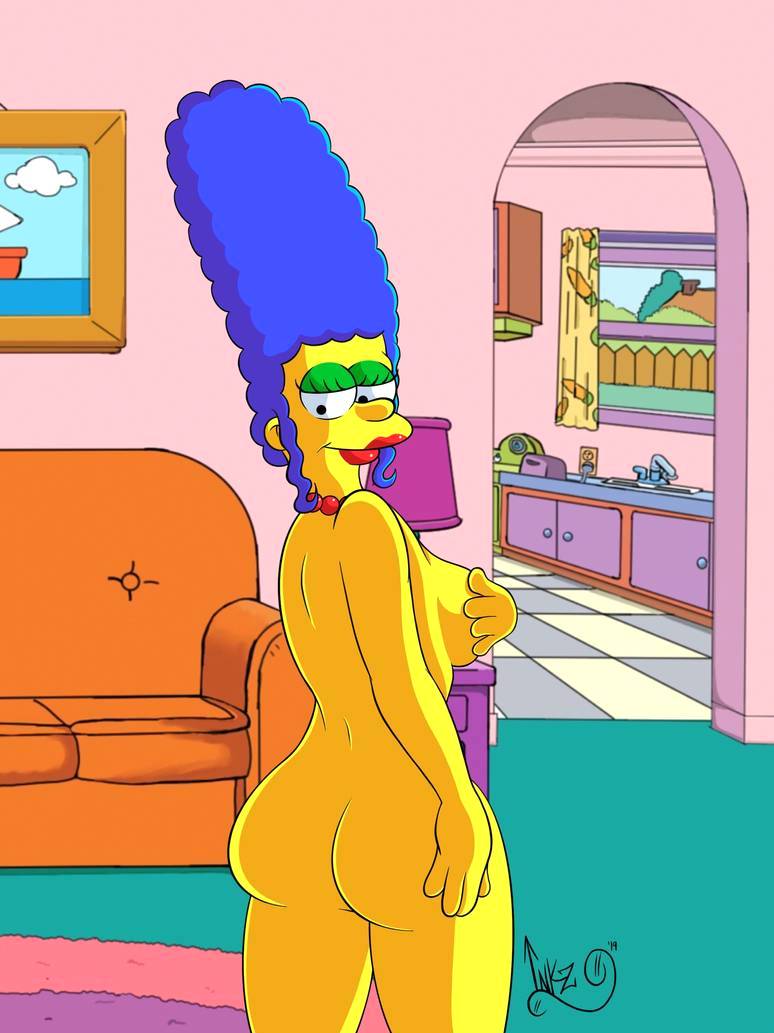 ass breasts hand_on_breast looking_over_shoulder marge_simpson nude smile t...