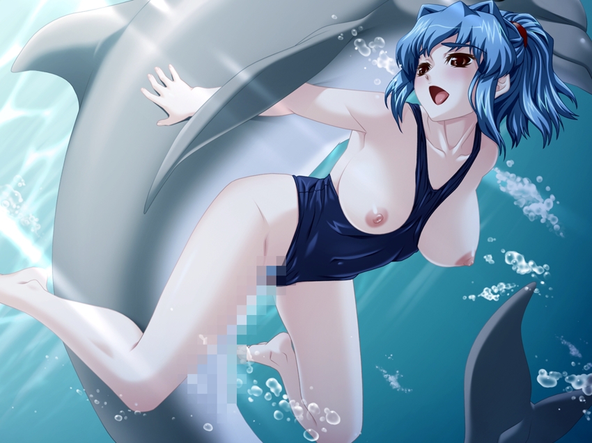 artist_request beastiality blue_hair breasts brown_eyes censored character_...