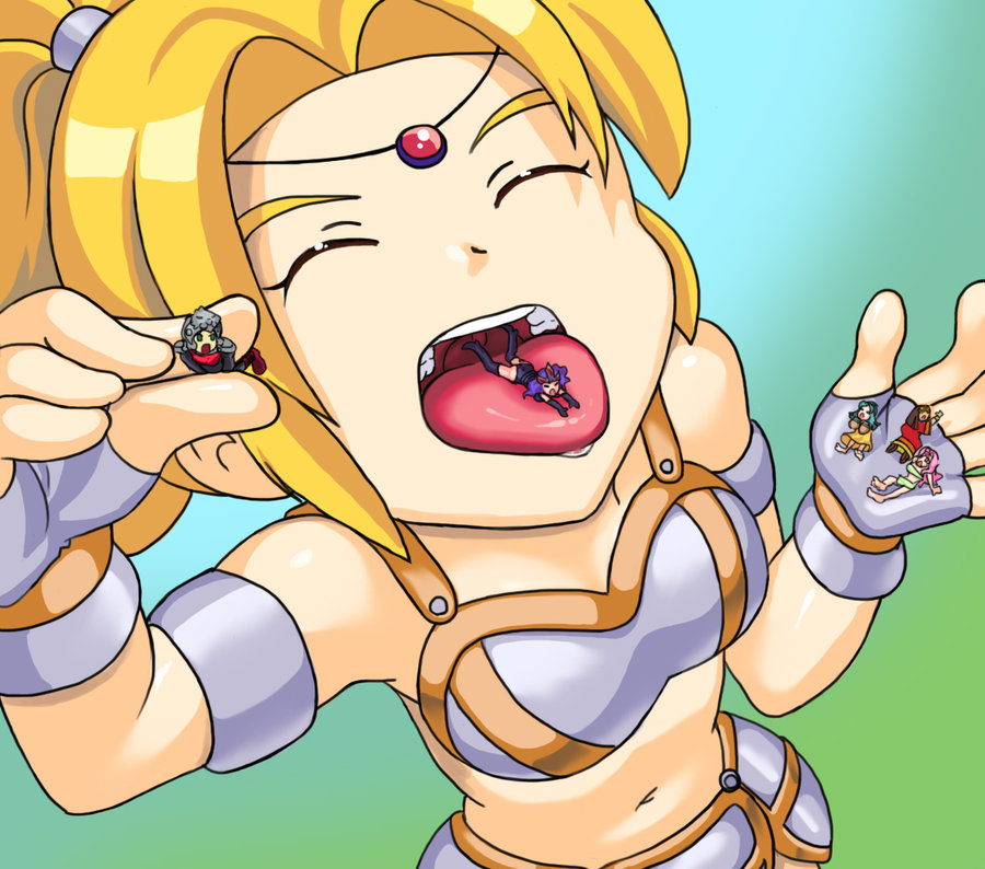 armor between_fingers blonde closed_eyes color drawing giantess handheld po...