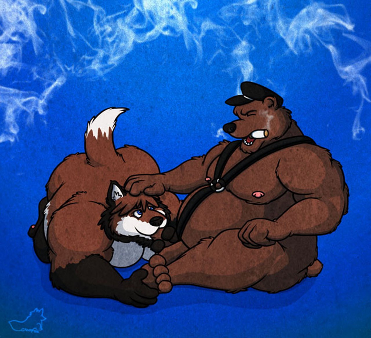 bear cigar fox gay harness male oral smoking.
