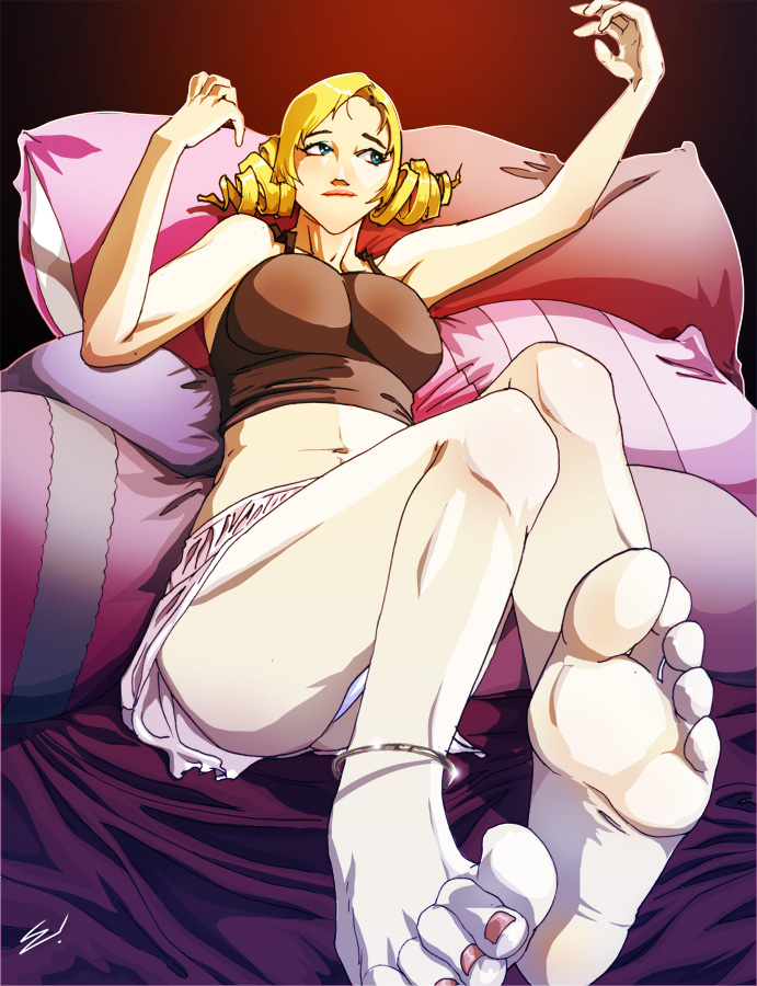 1girl anklet atlus barefoot bed blonde_hair blue_eyes camisole catherine ca...