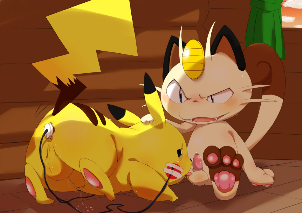 ...half-closed_eyes hand_on_head hindpaw licking long_tail male meowth mous...