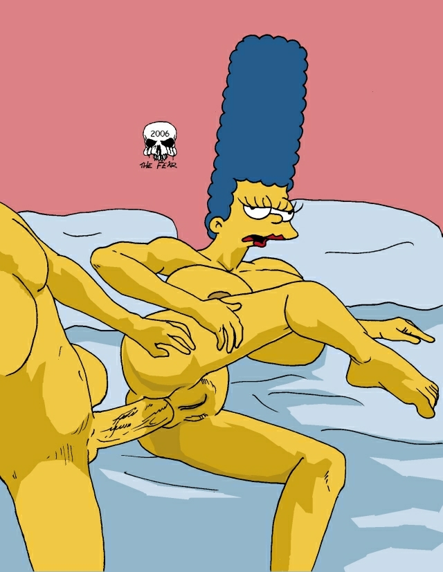 anal ass bed big_breasts blue_hair breasts hair hand_on_ass marge_simpson n...