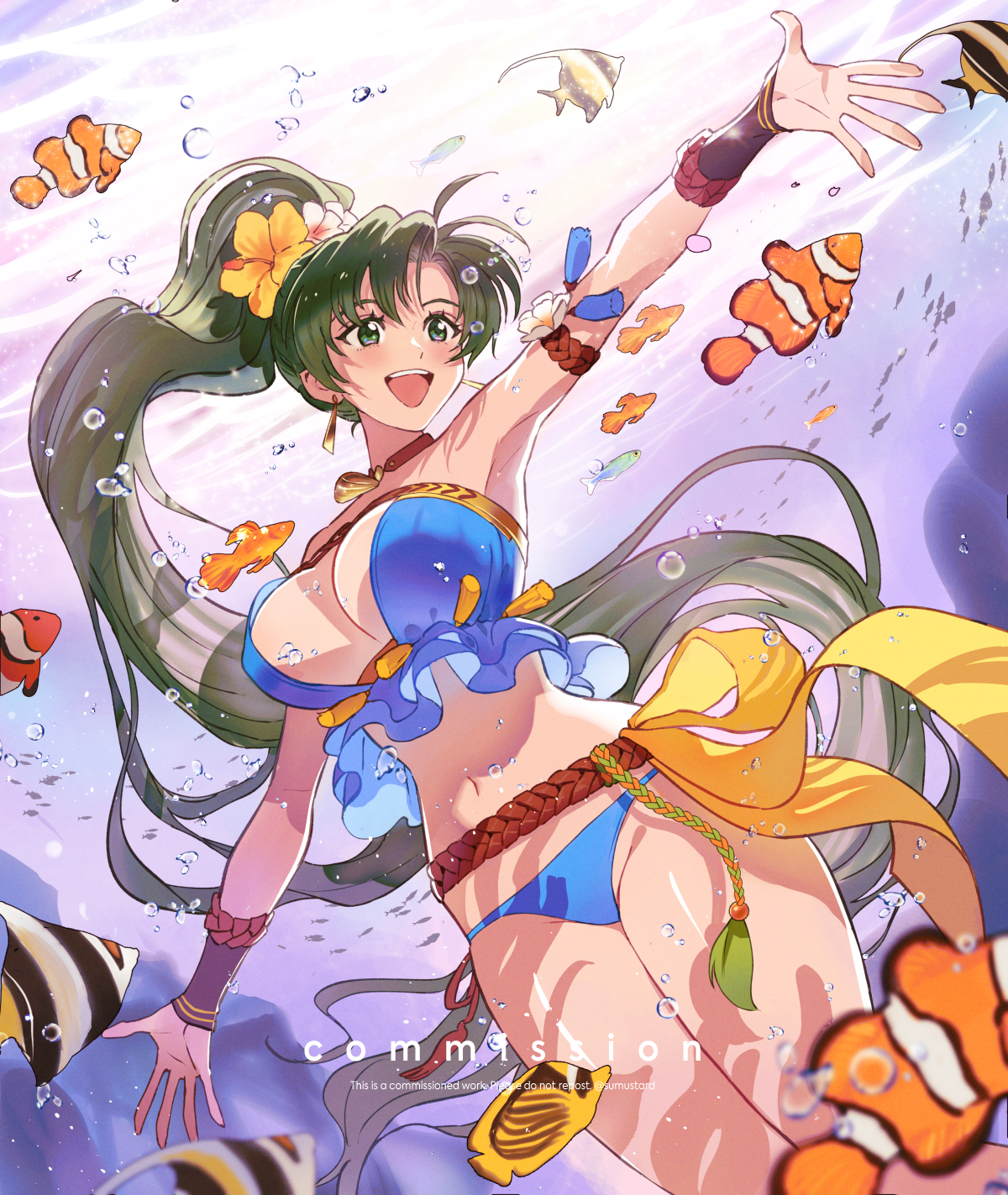 1girl 1girl alluring arm_up bare_legs bare_shoulders big_breasts bikini blue_bikini bubble cleavage commission earrings fire_emblem fire_emblem:_the_blazing_blade fire_emblem_heroes fish floating_hair flower green_eyes green_hair hair_flower hair_ornament happy high_ponytail high_res intelligent_systems jewelry long_hair lyn lyn_(fire_emblem) lyn_(lady_of_the_beach)_(fire_emblem) lyndis lyndis_(fire_emblem) midriff navel neck necklace nintendo official_alternate_costume open_mouth outstretched_arms ponytail school_of_fish smile spread_arms strapless strapless_bikini submerged sumustard swimming swimsuit thick_thighs thighs underwater very_long_hair wide_hips