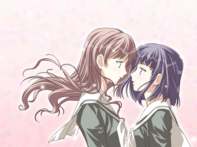 Xbooru 2girls Black Hair Blush Brown Hair Character Request Couple Eye Contact Face To Face