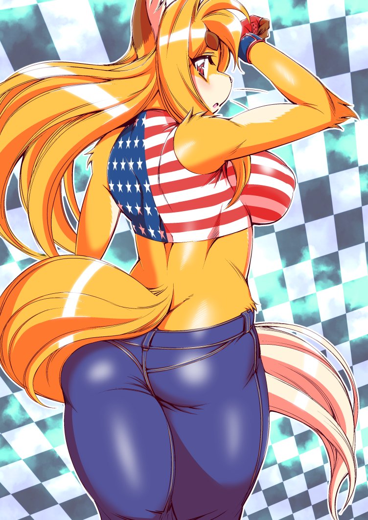 1girl abstract_background amakuchi american_flag_print american_flag_shirt ...