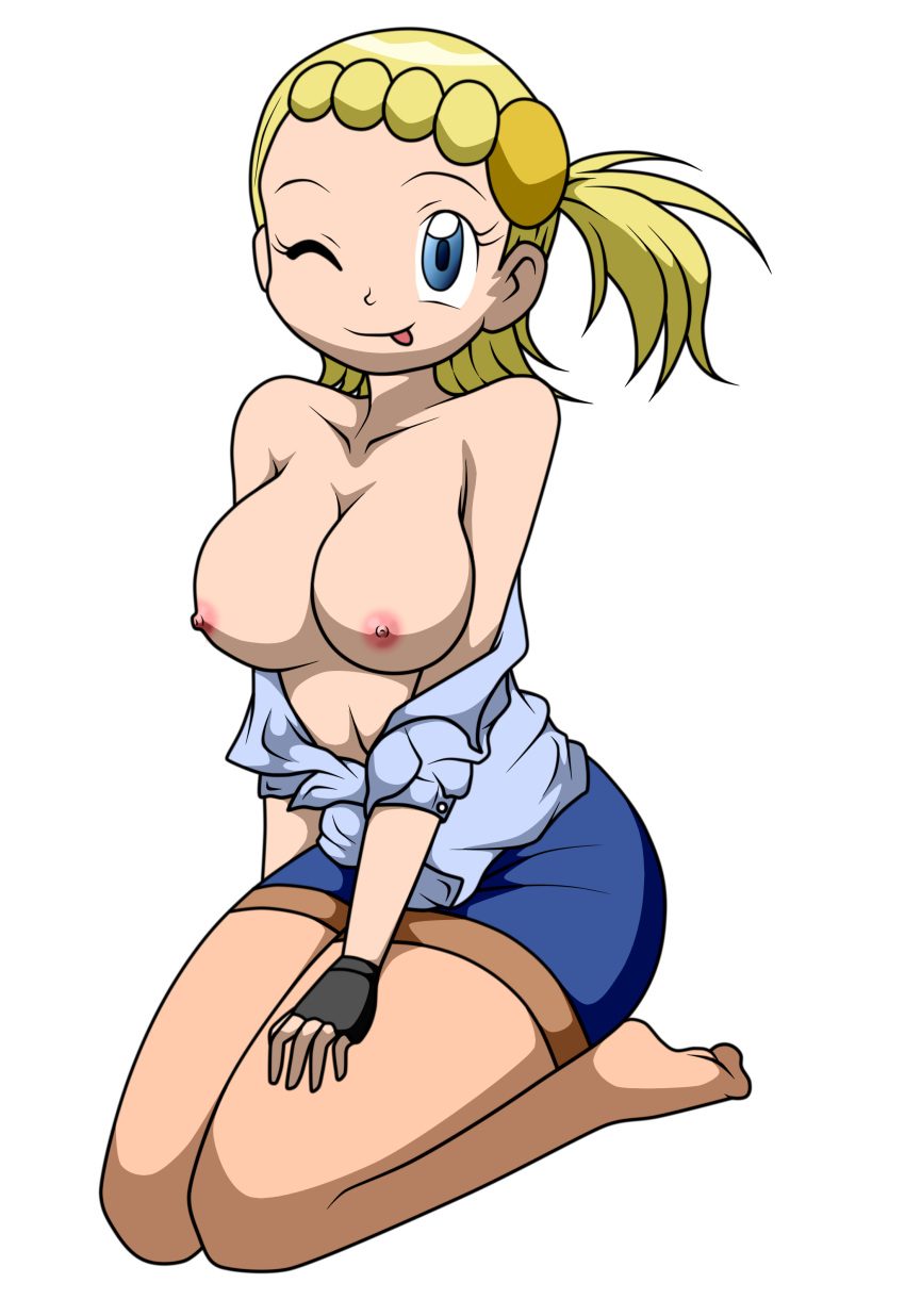 bonnie breasts eureka(pokemon) moshisan no_bra older on_knees open_shirt po...