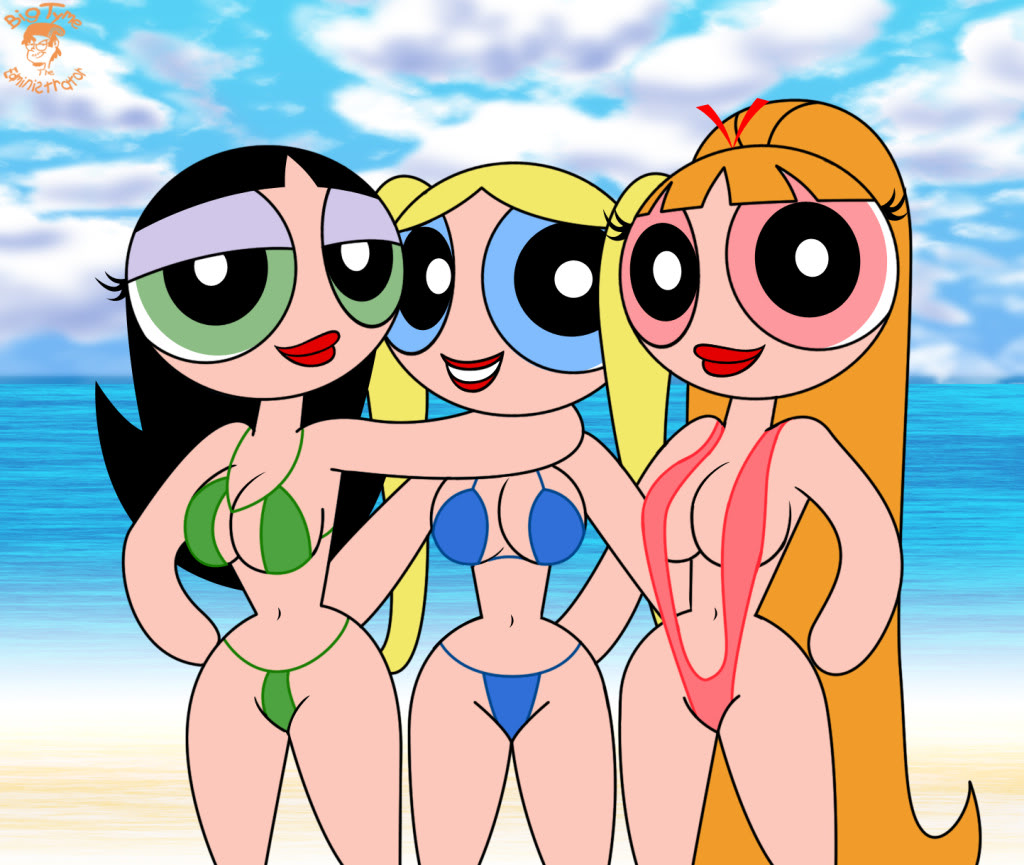 3_girls 3girls beach bikini blossom blue_bikini bubbles buttercup eyelashes...